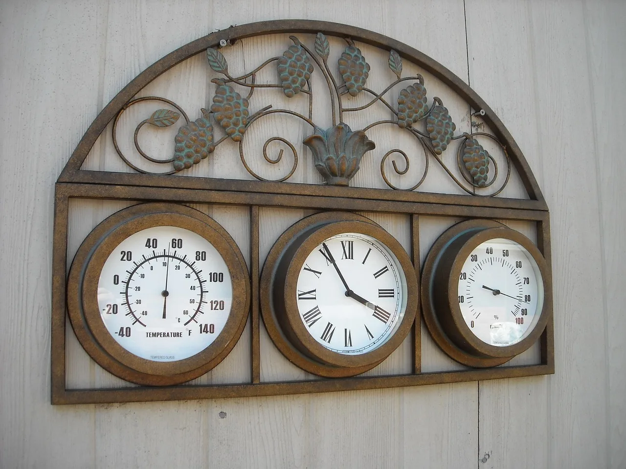copper, temperature, clock, humidity, thermometer, hygrometer, roman numerals, grapes, patina, gray clock, humidity, humidity, thermometer, hygrometer, hygrometer, hygrometer, hygrometer, hygrometer. Family archive mold: it starts with humidity, not with bad luck
