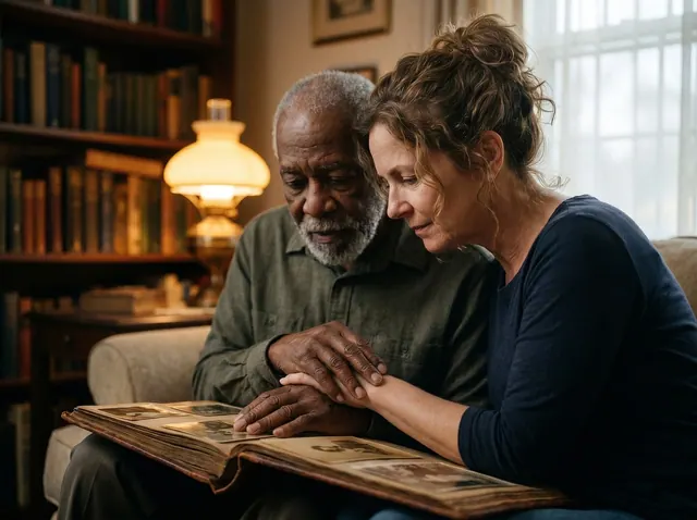 older man, woman, photo album, memories, intergenerational, comfort, support, connection, home, family, couple, hands, authentic, mutual support, empathy, domestic setting, bookshe