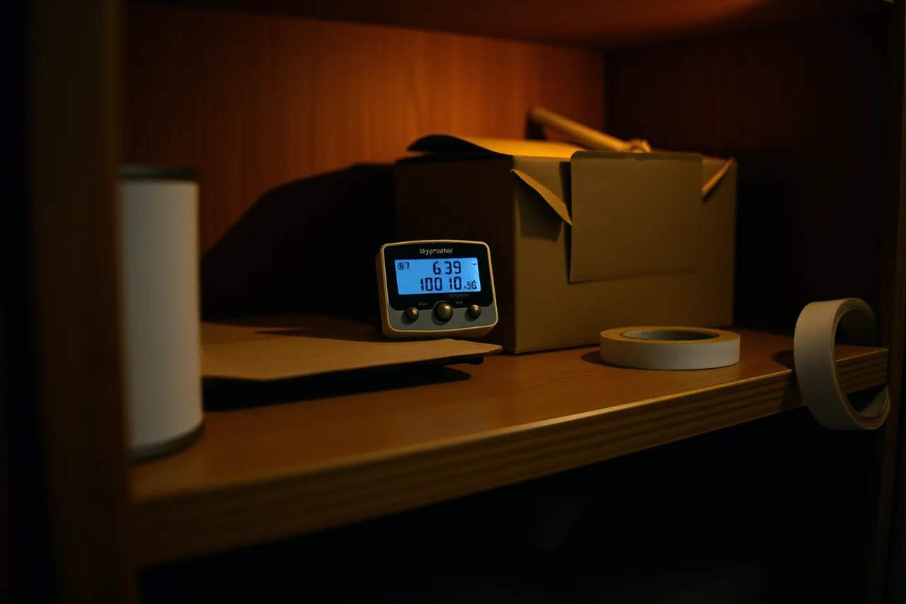 Logging hygrometer on an archive shelf beside a labeled storage box (A detection and containment checklist for archive mistakes before they spread)