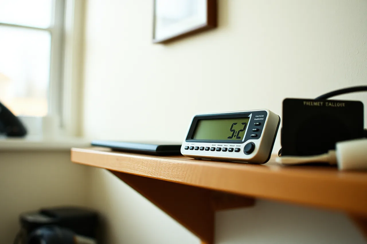 Digital thermometer and hygrometer on a shelf showing room temperature and humidity (A first kit for a family archive, and what it leaves out in 2027)