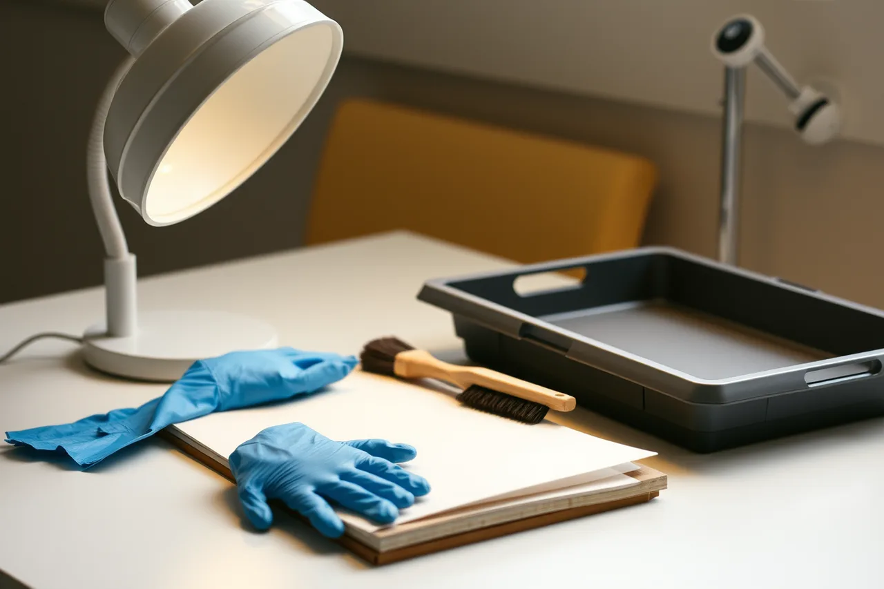 Nitrile gloves, soft brush, blotting paper and rigid tray with task lamp (A first kit for a family archive, and what it leaves out in 2027)