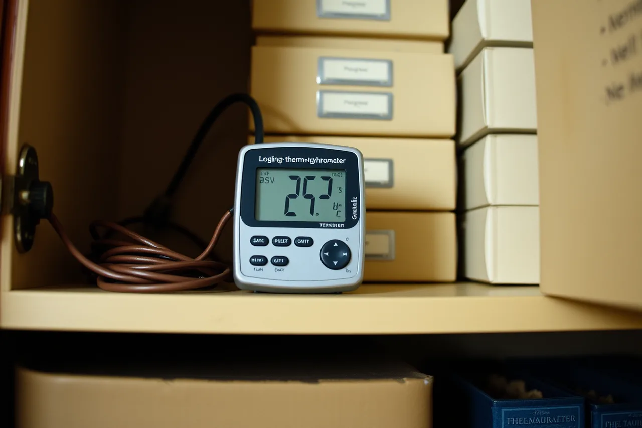 Digital logging thermometer and humidity sensor inside a hall cupboard (Cupboard versus closet for a small photo archive, ranked by risk)