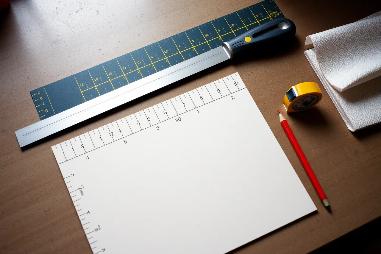 Straight edge, blade, cutting mat, foam and tape measure laid out (A weekend making archive boxes and cushions from home supplies, 2027 edition)