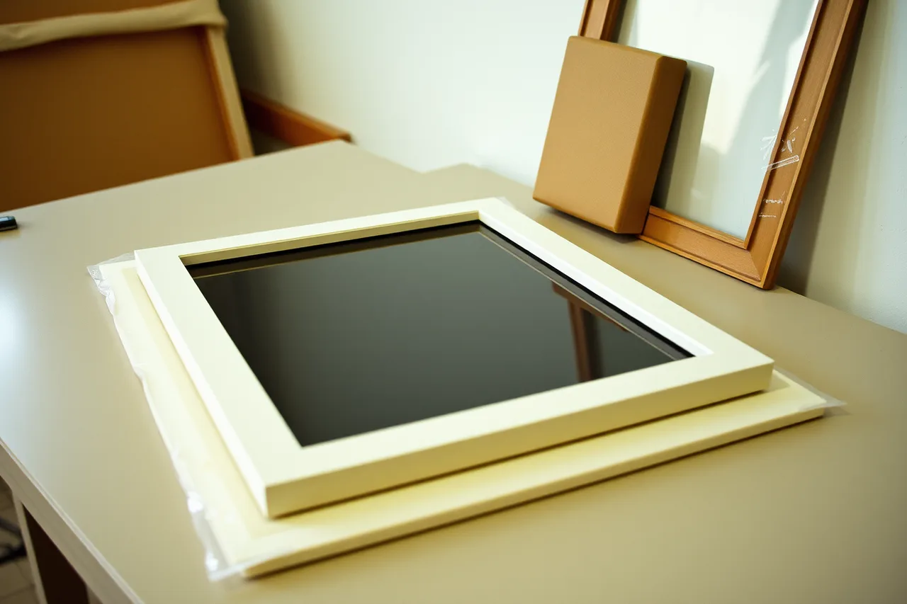 Padded blocks at 45 degrees supporting a framed picture on a table (Memory display practice for a weekend: reversible paste and mat windows)