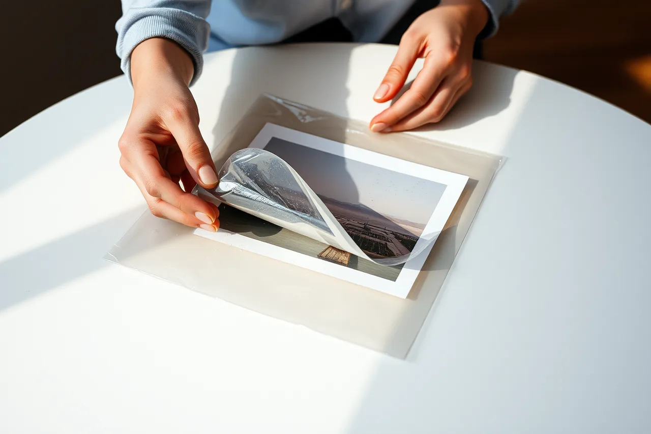 Hands peeling a print from a dust-attracting polyethylene sleeve (How Calgary dryness and chinooks affect paper, tape and static in storage)