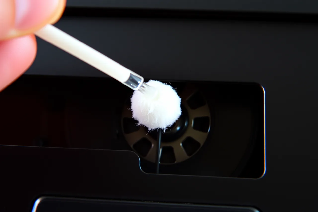 Cotton swab cleaning a cassette deck pinch roller and capstan (How to Digitize Audio Cassette Tapes Without a Fancy Deck)