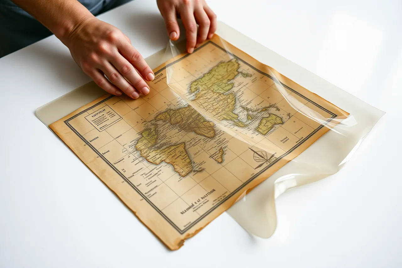Old map sealed between clear polyester sheets (Tape, lamination, refiling: the archive mistakes that cannot be undone)