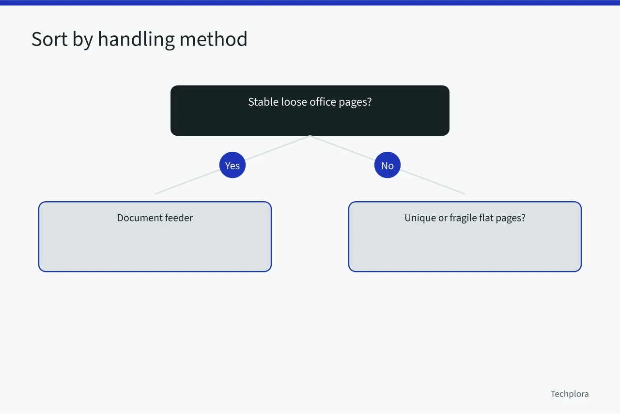 Decision tree sorting documents by handling method for scanning (A family document-scanning case: from capture to a safe backup copy)