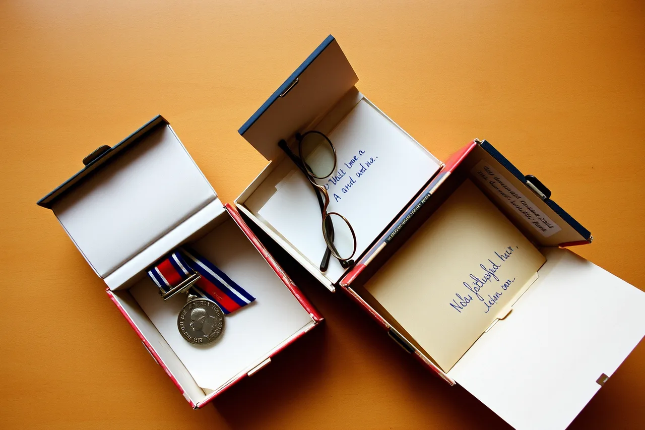 Medal, spectacles and lock of hair in separate labelled boxes (Storage for family history organization means choosing one shared condition)