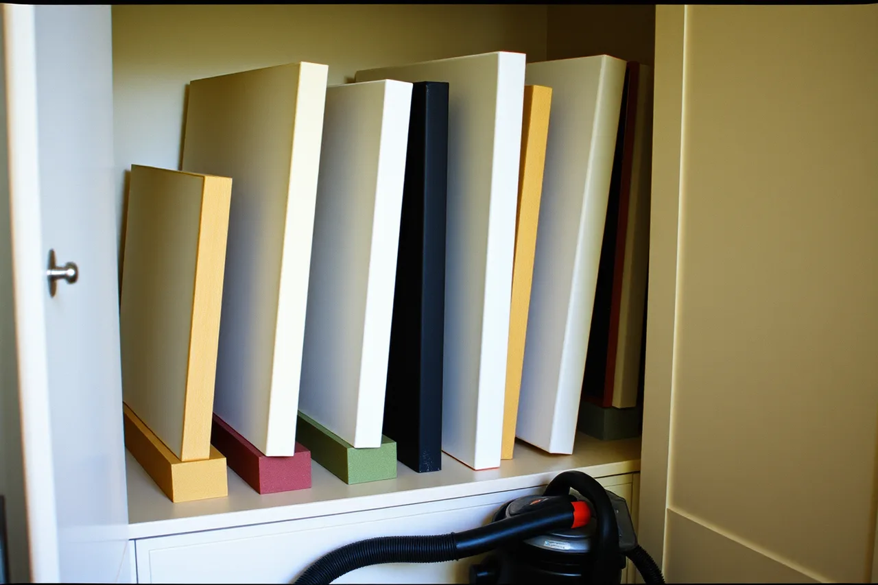 Framed paintings standing on edge in a cupboard, separated by boards on padded blocks (4 parts of memory display storage, explained)