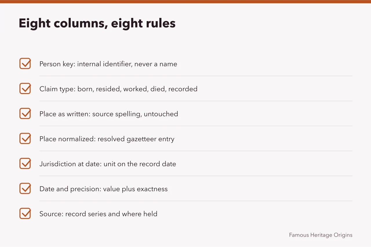 Checklist of eight schema fields with the rule each one enforces (Notability maps and data data: the parts worth your attention)