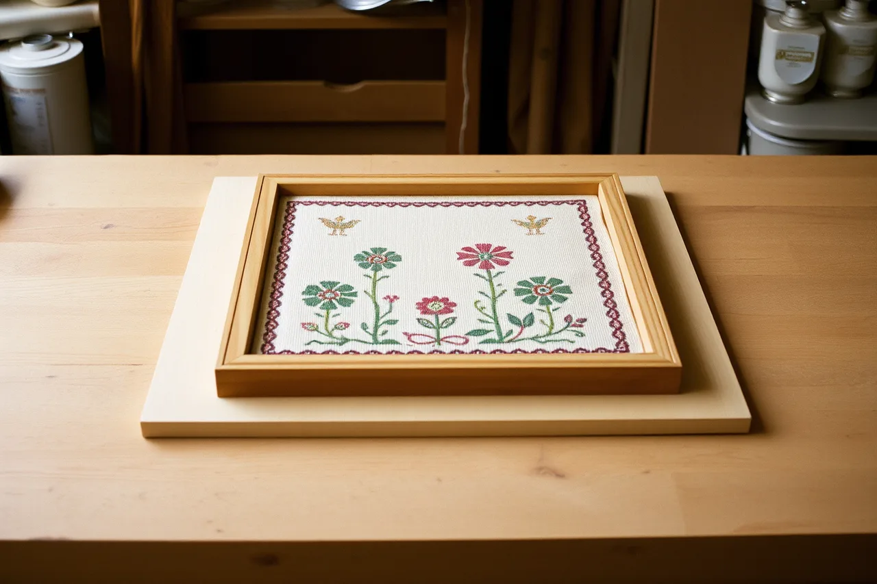 Small embroidery mounted on a board and fitted into a frame (Memory display skills split into three separate practice projects)