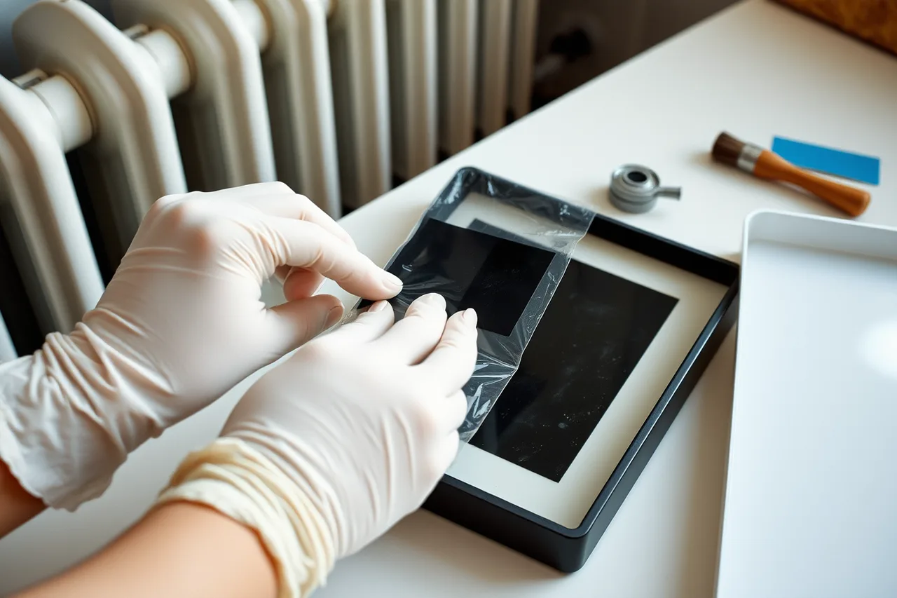 Person sliding negative from plastic sleeve while touching metal to ground static (How to store a family archive through a Canadian winter without wrecking paper)
