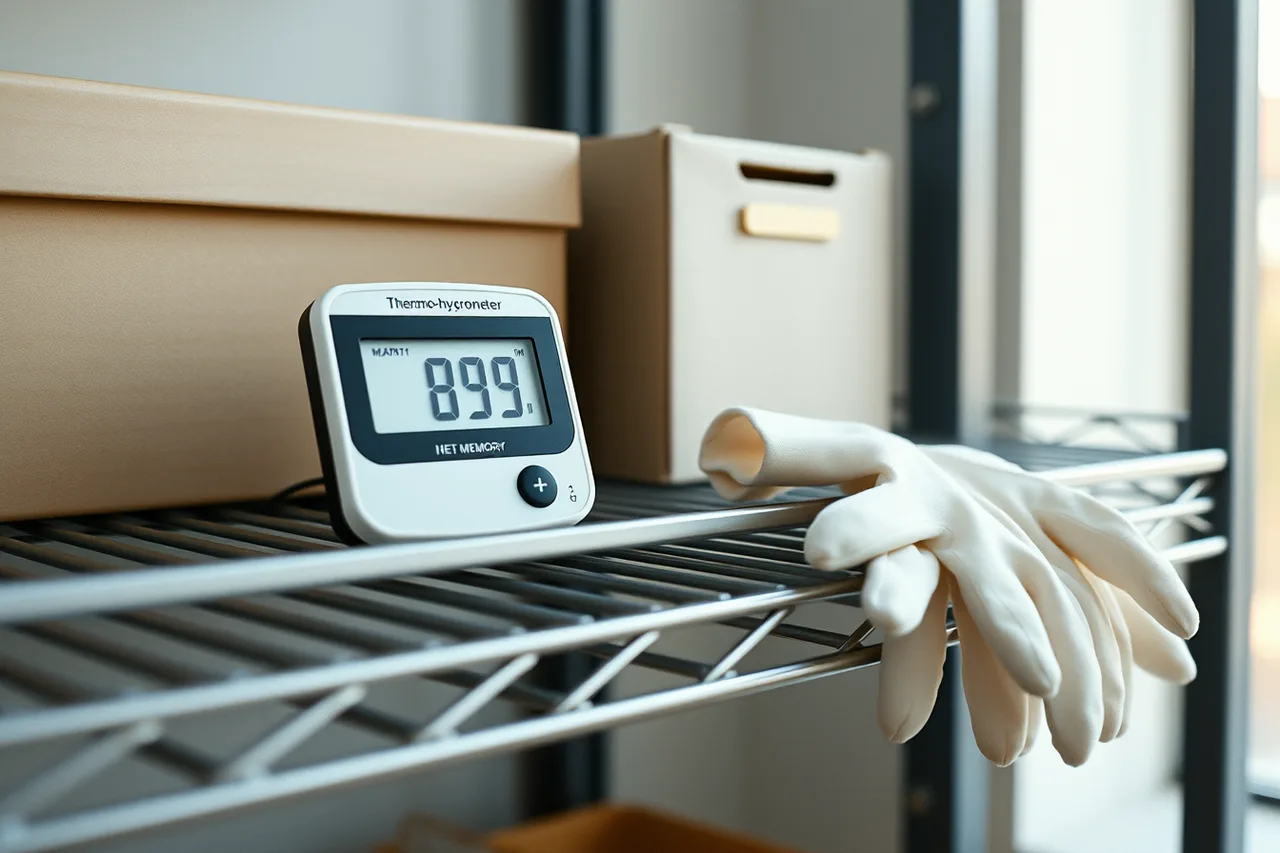 Digital thermo-hygrometer on a shelf beside archive boxes (What coastal damp does to a Vancouver home archive and how to counter it)