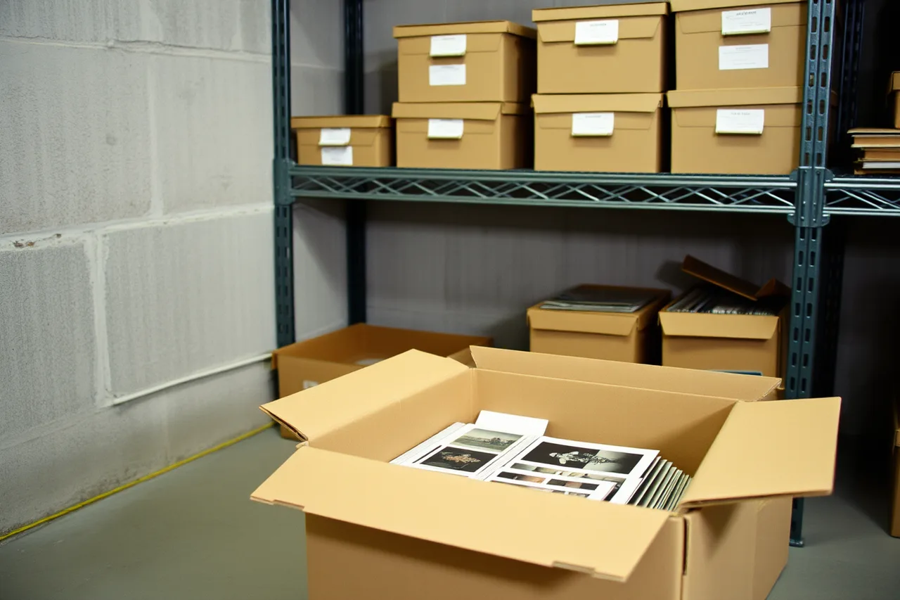 Acid-free boxes on raised metal shelving off concrete (What coastal damp does to a Vancouver home archive and how to counter it)