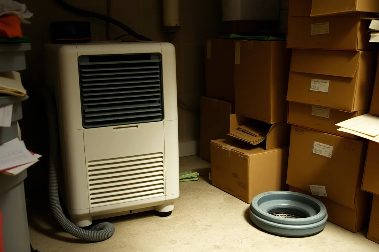 Compressor dehumidifier with continuous drain in a basement (What coastal damp does to a Vancouver home archive and how to counter it)